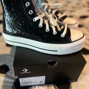 Converse Black Crinkle Leather Platform High-Top Sneakers